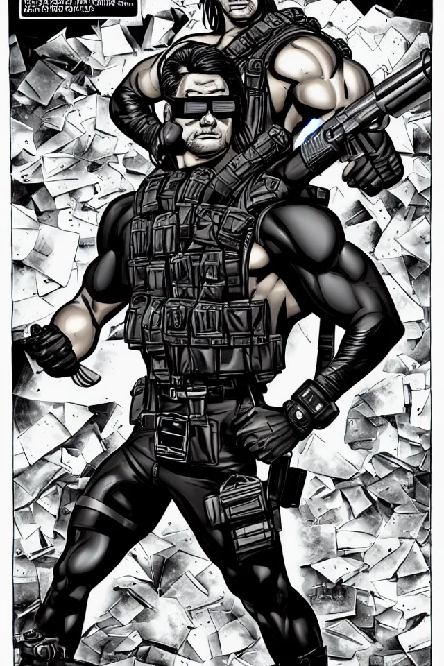 Image similar to muscular man, black vest with no shirt underneath, goggles around his neck, cargo pants, ammo belt, holding a blaster, long black hair in a ponytail, five o' clock shadow, comic book art, full body shot