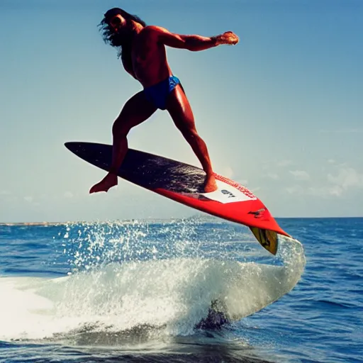 Image similar to macho king randy savage surfing on a dolphin. photo taken with fujinon premista 1 9 - 4 5 mm t 2. 9, portra 8 0 0.