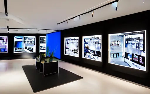 Prompt: A flagship Samsung store. black walls. timber floor. high ceilings with spots. wood furniture with large digital screen. display tables with phones and tablets, pots with plants, large digital screens on the walls, Architectural photography. 14mm. High Res 8K. award winning architectural design, Minimalist, High-tech, warm and happy, inviting