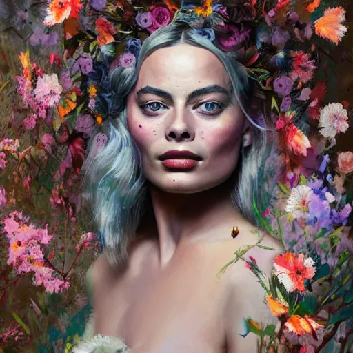 Prompt: painting of margot robbie dressed with flowers, illustration, artistic, colorful, hyper detailed, in the style of Greg Rutkowski