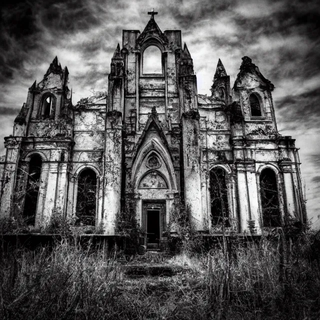 Prompt: exterior of an abandoned cathedral with overgrown vegetation, vintage infrared photograph