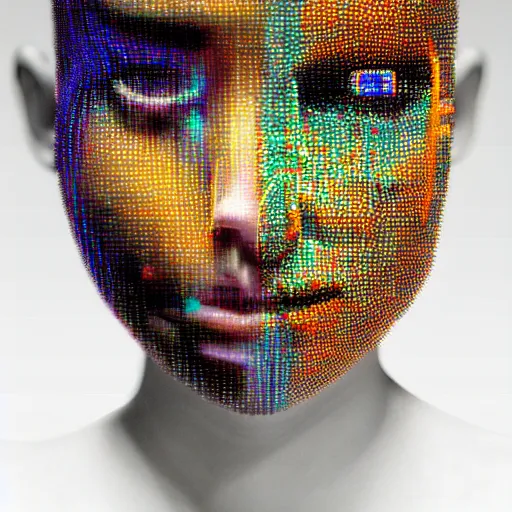 Image similar to woman cyborg, led display on forehead, wires, glitched, pixel sorting, mimmo rotella, alan bean, john chamberlain, peter kemp