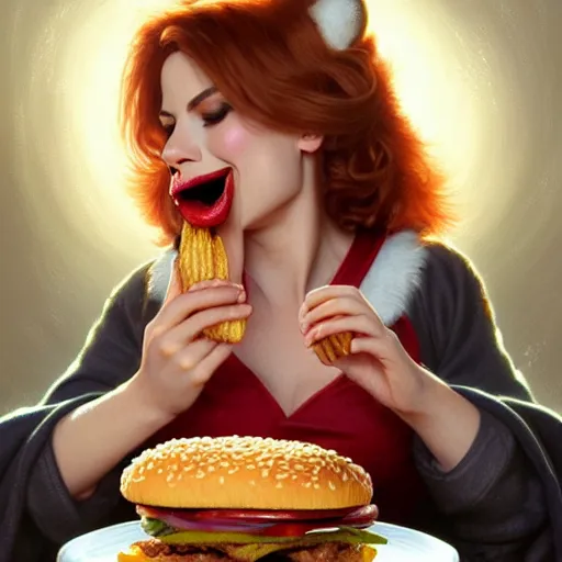 Prompt: portrait of Howard The Duck eating hamburgers, extra onions and ketchup, luscious patty with sesame seeds, feminine ethereal, handsome, D&D, fantasy, intricate, elegant, highly detailed, digital painting, artstation, concept art, matte, sharp focus, illustration, art by Artgerm and Greg Rutkowski and Alphonse Mucha