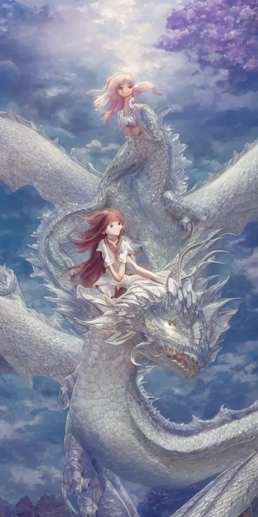 Image similar to the beautiful hyper detailed scene render that a beautiful princess sitting on the back of a huge silver white dragon alone in fairyland surrounded by white clouds, finely detailed angelic face delicate features, style of studio ghibli, makoto shinkai, raphael lacoste, louis comfort tiffany, james jean, ross tran, animation style, hd, ultra wide angle