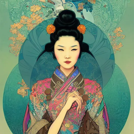 Prompt: asian princess portrait, with a flower kimono, stylized illustration by peter mohrbacher, moebius, mucha, victo ngai, colorful comic style