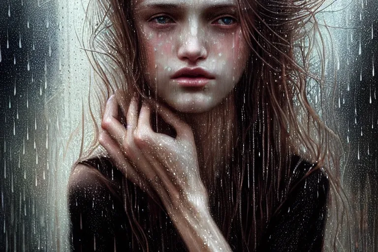 Image similar to portrait of a girl in the rain with wet hair and face, fantasy, intricate, elegant, dramatic lighting, emotionally evoking symbolic metaphor, highly detailed, lifelike, photorealistic, digital painting, artstation, concept art, smooth, sharp focus, illustration, art by John Collier and Albert Aublet and Krenz Cushart and Artem Demura and Alphonse Mucha