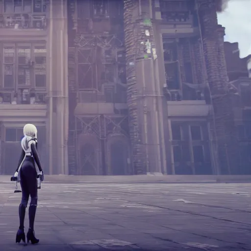 Prompt: 2B nier automata standing in front of a large building, detailed, artstation, concept art, Unreal Engine 5 render, 8K