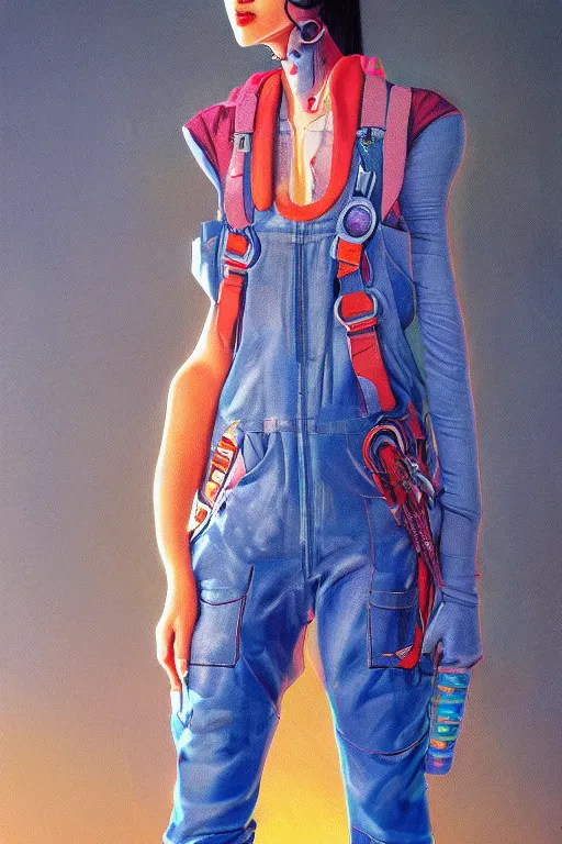 Image similar to a full body illustration of an asian female cyberpunk character wearing dungarees, highly detailed, oil on canvas, soft lighting, neon pastel colors, by Jean Giraud, HD, 4K