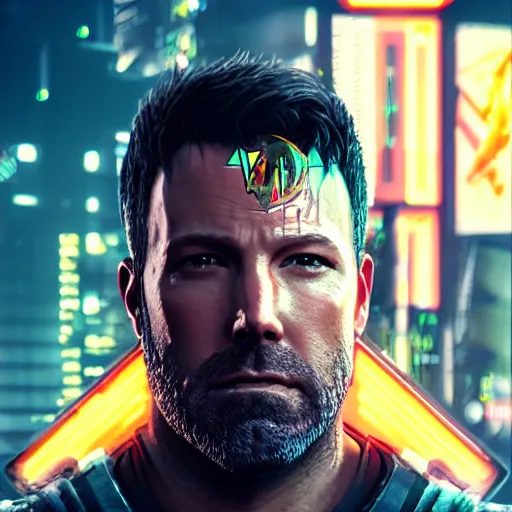 Prompt: ben affleck portrait, cyberpunk 2 0 7 7, cyberpunk, photorealistic, ultra detailed, neon, octane, bokeh, cinematic lighting, cyber, cyberpunk city, studio quality, feature, scars, cyberface, 8 k