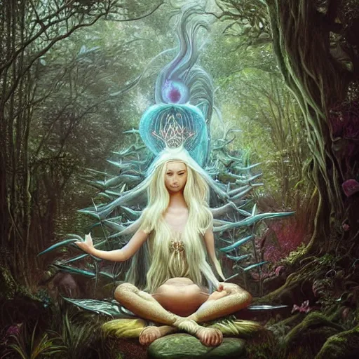 Prompt: elven princess meditating in forest, surrounded by fairies, surreal, surrealist art, digital art, trending on artstation, ultra detailed, intricate, sacred geometry, serene, beautiful, photo, realistic, perfect, smooth, moebius, by moebius, peter mohrbacher