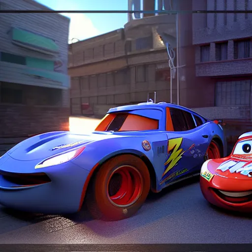 Image similar to lightning mcqueen ray - tracing render, unreal engine, 3 d, atmospheric light, godrays, award - winning, maya, blender