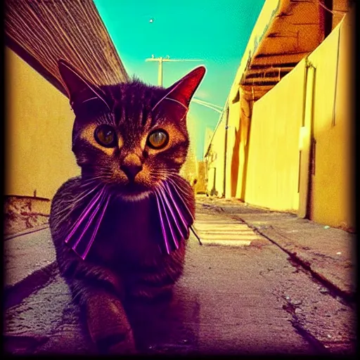 Prompt: “Photo of a cat wearing a pharaoh\'s headdress in an alley, synthwave, 8K, hyper realistic, award winning photo”