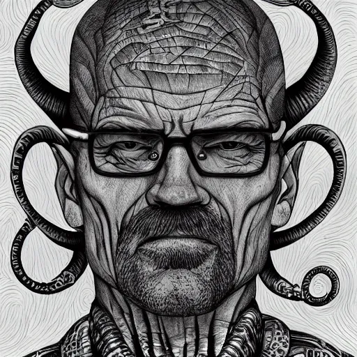 Image similar to Walter White as a Lovecraftian monster, detailed, portrait, intricate, illustration, ink drawing by Kim Jung Gi, hyperdetailed, trending on artstation, highly detailed, Aaron Horkey