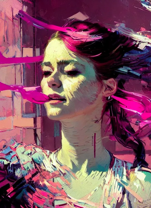 Image similar to portrait of a beautiful girl, smiling, ecstatic dancing, eyes closed, shades of pink, beautiful face, rule of thirds, intricate outfit, spotlight, by greg rutkowski, by jeremy mann, by francoise nielly, by van gogh, digital painting