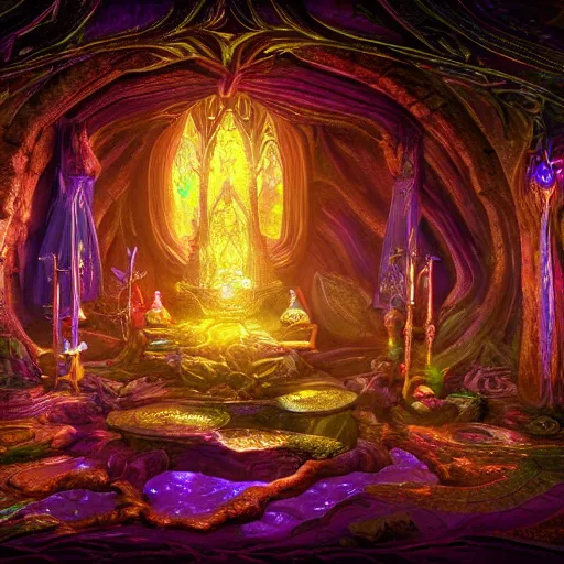 Image similar to Photorealistic magic elven shrine of the elf goddess. Hyperdetailed photorealism, 108 megapixels, amazing depth, glowing rich colors, powerful imagery, psychedelic Overtones, 3D finalrender, 3d shading, cinematic lighting, artstation concept art