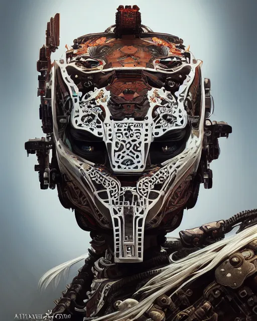 Image similar to portrait of a machine from horizon zero dawn, machine face, upper body, decorated with chinese opera motifs, asian, traditional chinese art, intricate, elegant, highly detailed, digital painting, artstation, concept art, smooth, sharp focus, illustration, art by artgerm and greg rutkowski and alphonse mucha, 8 k