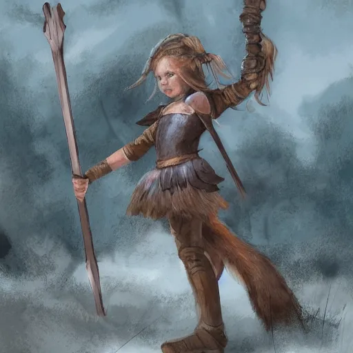 Image similar to a female child warrior holding a spear and riding a giant fox into war, digital art, concept