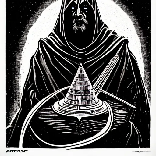 Image similar to cloaked ancient alchemist wizard casting a spell, high details, lineart, by vincent di fate, inking, 3 color screen print, masterpiece, trending on artstation, sharp, high contrast, hyper - detailed, hd, 4 k, 8 k