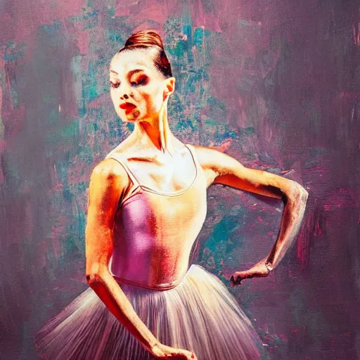 Image similar to portrait of a ballerina, impasto paint, 8 k, cinematic light, shadows, reflection highlights in the paint, in the style of christian beijer,