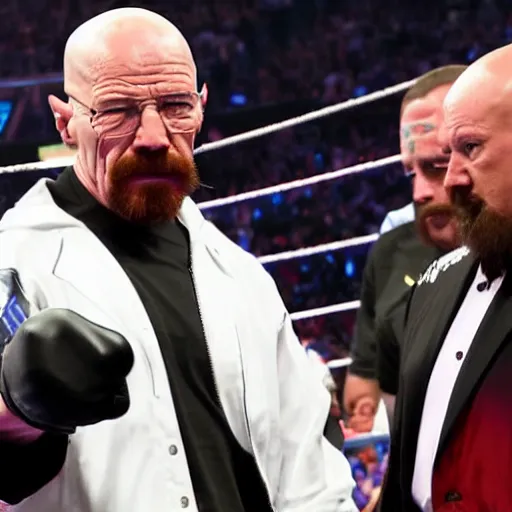 Prompt: photograph of walter white making his ring entrance at wwe wrestlemania