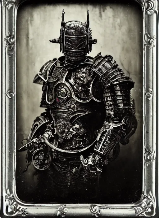 Image similar to old wetplate daguerreotype frame portrait of a futuristic silver armored evil dangerous horror knight district 9 cyborg, fractal, intricate, elegant, highly detailed, subsurface scattering, by jheronimus bosch and greg rutkowski and louis jacques mande daguerre