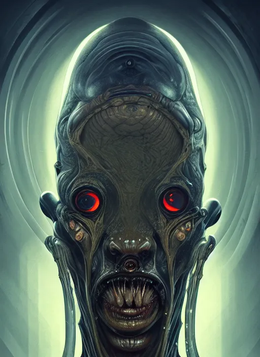 Image similar to symmetry!! portrait of grotesque alien, sci - fi horror, intricate, body horror, dark design, highly detailed, dark dynamic lighting, digital art, digital painting, artstation, smooth, sharp focus, illustration, art by artgerm and h r giger and greg rutkowski and alphonse mucha, 8 k