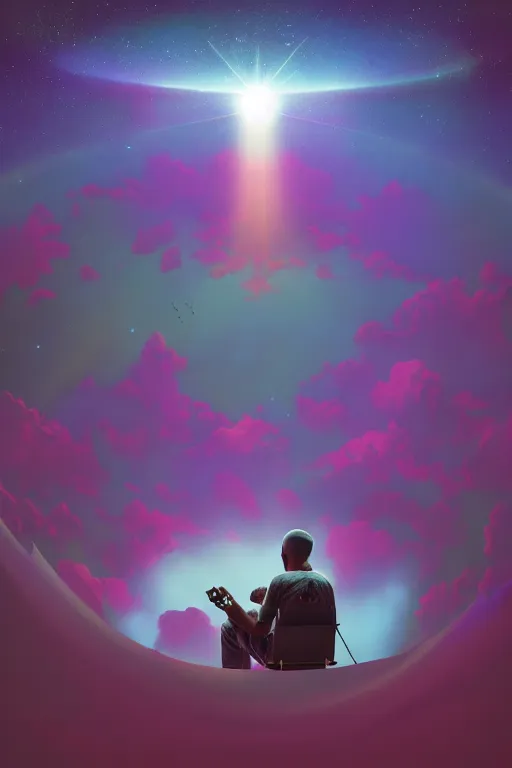 Image similar to Mac Miller playing music in Heaven while looking down on planet earth from above, Heavenly, Hellish, Divinity, Hope, Ethereal, Symmetry, Atmospheric Lighting, artstation trending, good versus evil, ladders, angelic, the divine feminine, Most Dope, Rendered in Octane, trending on artstation, cgsociety, moody lighting rendered by octane engine, environment 8K artstation, cinematic lighting, intricate details, 4k detail post processing, hyperealistic, octane render, photo realism ultra detailed cinematic