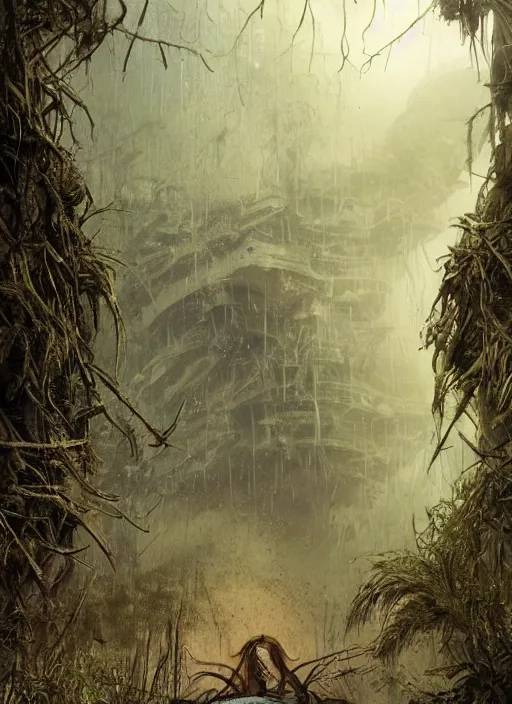 Prompt: low angle shot of a tribal woman from behind, in front of a rotten post apocalyptic aircraft carrier on the ground overgrown with vegetation, rain forest, by Luis Royo, by Greg Rutkowski, dark, gritty, intricate, backlit, strong rim light, cover illustration, concept art, volumetric lighting, volumetric atmosphere, sharp focus, octane render, trending on artstation, 8k