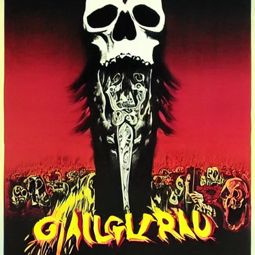 Prompt: Giallo horror poster, 1973 Italia horror film poster, skull, vampire, psychedelic