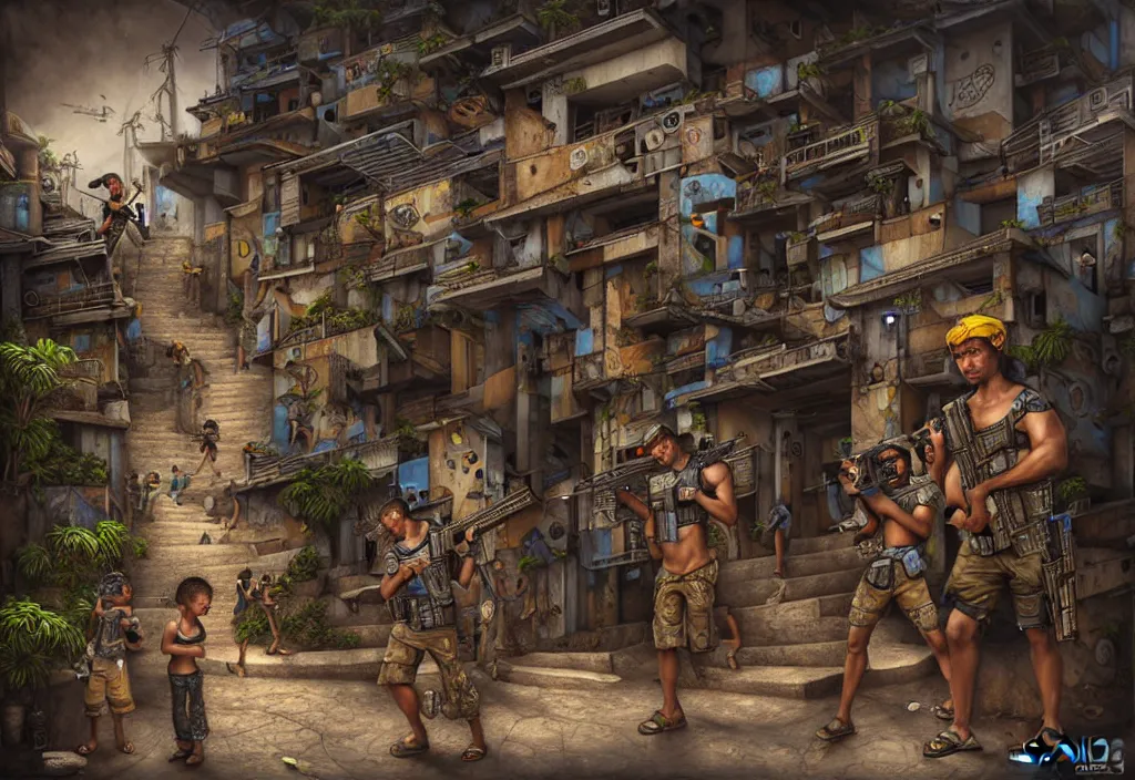 Image similar to photorealistic favela rio with precise rendered guns with intricate details of gun and kids in by Justin Gerard