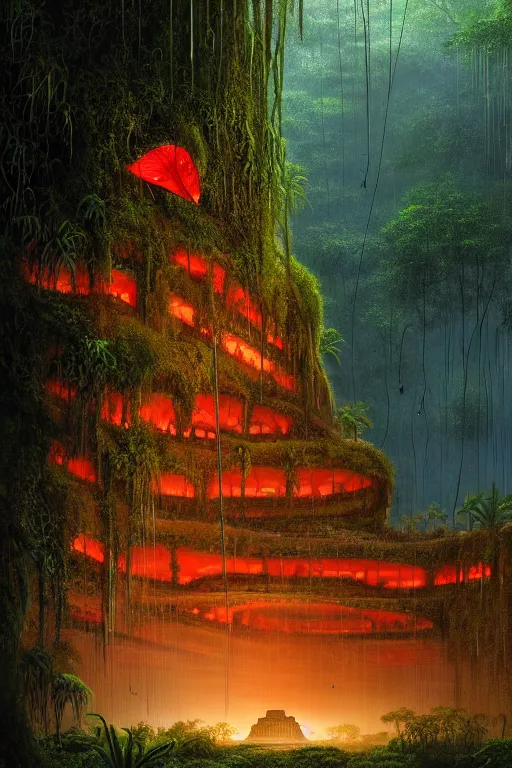 Image similar to a swampy tropical forest with red lightning bugs flying around a ancient mayan ruin designed by zaha hadid, tone mapped, shiny, intricate, cinematic lighting, highly detailed, digital painting, artstation, concept art, smooth, sharp focus, illustration, art by arthur haas and bruce pennington and john schoenherr