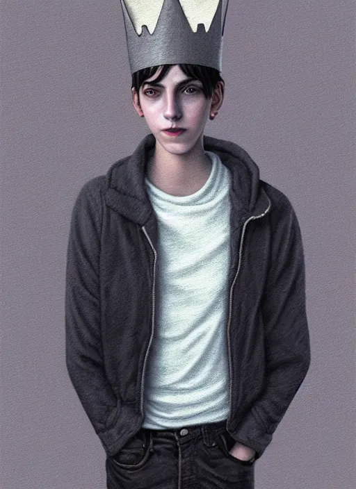 Image similar to portrait of teenage jughead jones wearing a light grey crown, photorealistic, single color crown made of fabric, crown made of felt, black hair, intricate, elegant, highly detailed, digital painting, glowing lights, artstation, concept art, smooth, sharp focus, illustration, art by wlop, mars ravelo and greg rutkowski