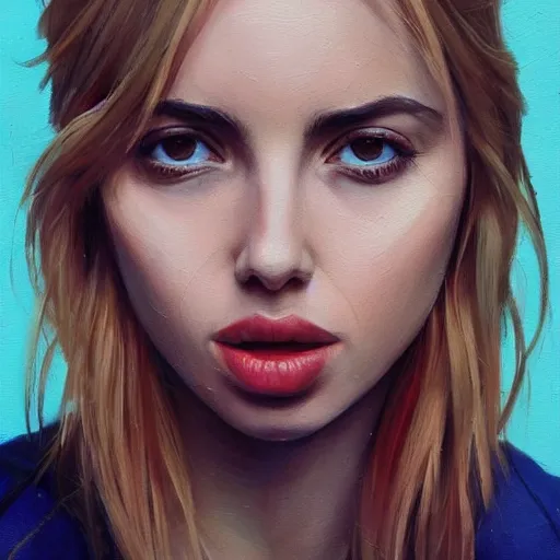 Prompt: Realistic painting of Ana de Armas with a blond hair, profile picture by Greg Rutkowski, asymmetrical, Organic Painting , Matte Painting, geometric shapes, hard edges, street art, trending on the artstation:2 by Sachin Teng:4, blur: -4