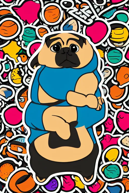 Image similar to Pug that is a sumo wrestler, sticker, colorful, illustration, highly detailed, simple, smooth and clean vector curves, no jagged lines, vector art, smooth