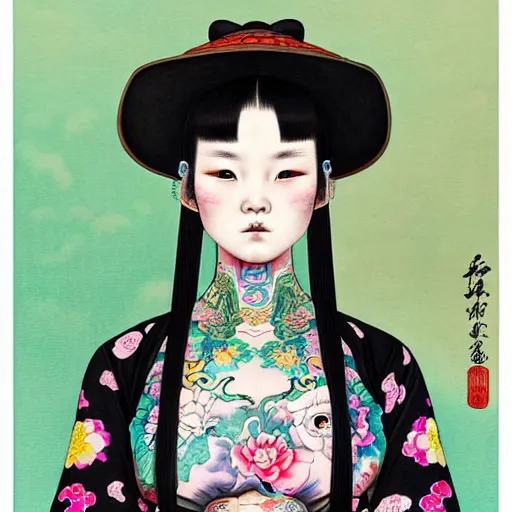 Prompt: full view of a girl from the qing dynasty with tattoos, wearing a cowboy hat, style of yoshii chie and hikari shimoda and martine johanna, highly detailed