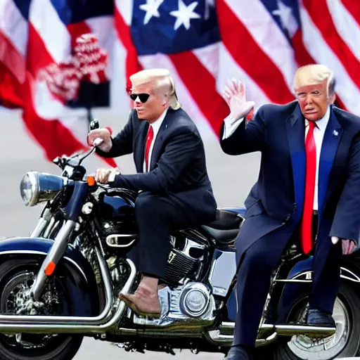 Prompt: donald trump and joe biden riding a motorcycle