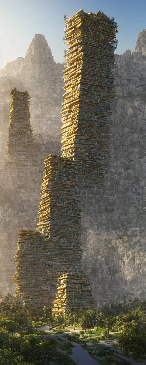 Image similar to photorealistic photo of a single tower mountain shape golden gardens of babylon tower, golden stone color palette, sacred ancient architecture, solid exterior, wide tower with hanging gardens on the balconies, cascading highrise, next to mountains and river with lush palm forest, zaha hadid, sunlight, eye - level view, post - production, octane, cgi, sfx