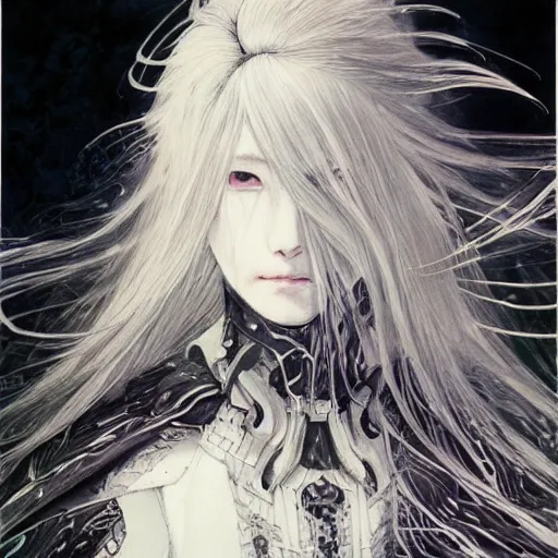 Image similar to Yoshitaka Amano blurred and dreamy illustration of an anime girl with wavy white hair and cracks on her face wearing Elden ring armour with the cape fluttering in the wind, abstract black and white patterns on the background, noisy film grain effect, highly detailed, Renaissance oil painting, weird portrait angle