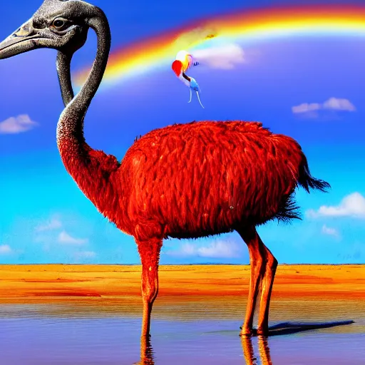 Image similar to a picture of a red ostrich bathing in shallow water with a rainbow in the background