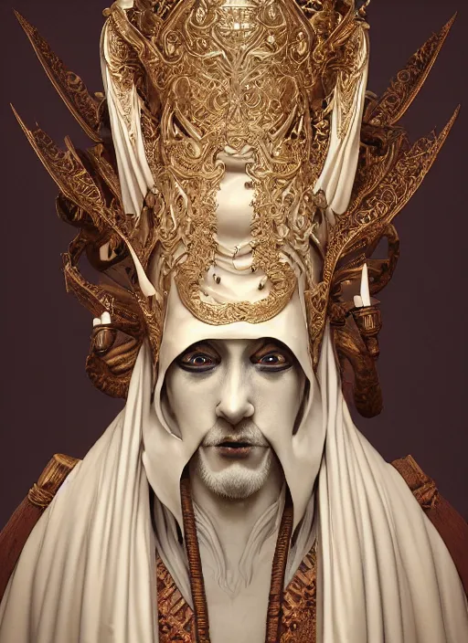 Image similar to slender high priest in a dark ornate robe, carved ivory headpiece, subsurface scattering, by jesper ejsing, justin gerard, tomasz alen kopera, cgsociety and fenghua zhong, highly detailed, rim light, cinematic lighting, illustration, art, octane render, very coherent, cinematic, high detail, octane render, 8 k