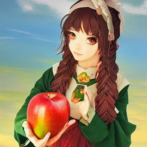 Image similar to isekai masterpiece by liya nikorov, zeronis, sciamano 2 4 0, and airi pan. of a girl holding an apple