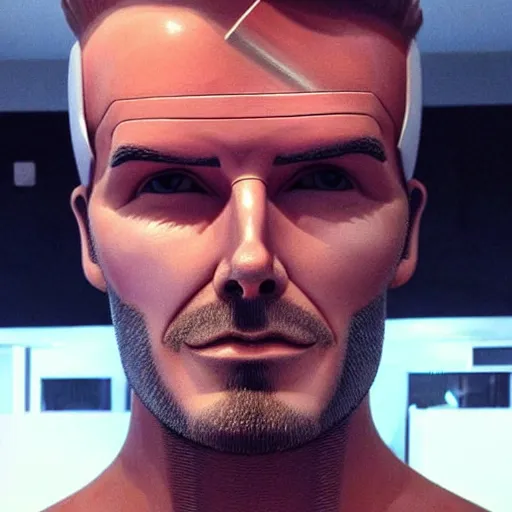 Image similar to “a realistic detailed photo of a guy who is an attractive humanoid who is half robot and half humanoid, who is a male android, David Beckham, shiny skin, posing like a statue, blank stare”