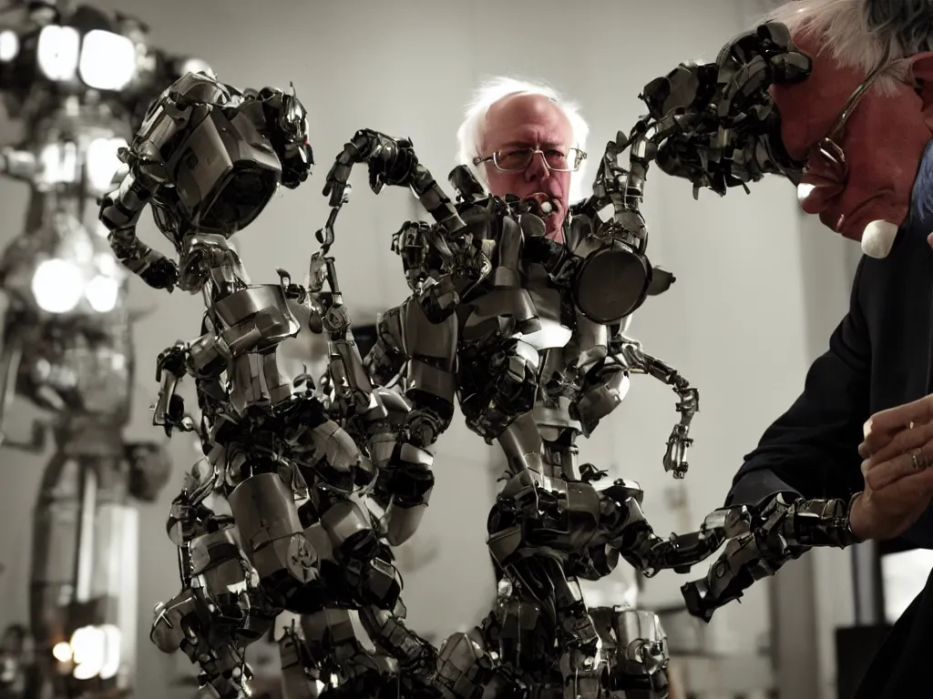 Image similar to bernie sanders putting the finishing touches on a ( ( cute ) ) clockwork doomsday robot, cinematic moody lighting, sharp focus, imax