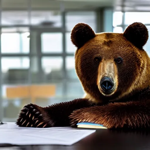 Image similar to bored bear at office, head leaning on paw with elbow on table, piles of paperwork