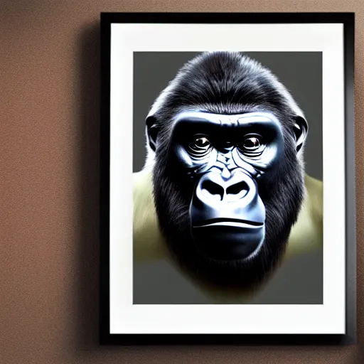 Prompt: Gorilla looking at a framed portrait of a man, hyperrealistic, concept art, 8k, artstation, cinematic, volumetric lighting