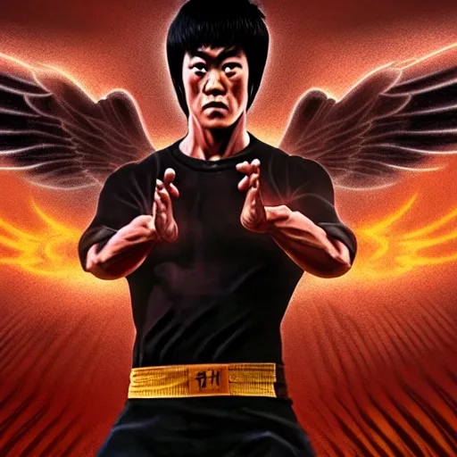 Image similar to bruce lee as archangel by tsuyoshi nagano, illustration, cinematic lighting, hyperdetailed, 8 k, symmetrical, frostbite 3 engine, cryengine, dof, trending on artstation, digital art, crepuscular ray