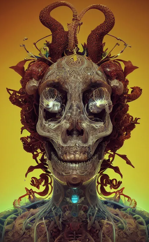 Image similar to goddess close-up portrait ram skull, thorax, x-ray, backbone, phoenix head, nautilus, orchid, skull, betta fish, bioluminiscent creatures, intricate artwork by Tooth Wu and wlop and beeple. octane render, trending on artstation, greg rutkowski very coherent symmetrical artwork. cinematic, hyper realism, high detail, octane render, 8k, green and orange tones