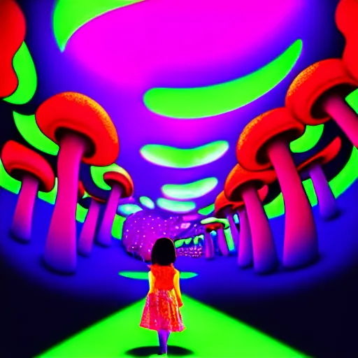 Image similar to Little girl wandering among many giant glowing mushrooms, Neon colors, psychedelic art, trippy, 4k, HQ, Trending on Artstation