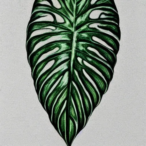 Image similar to a botanical drawing of a monstera leaf tattoed, intricate details, ornamental, elegant, symmetrical!! symmetrical - tatoo!!