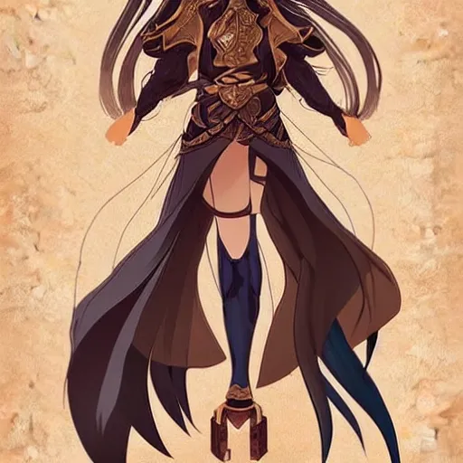 Image similar to “A detailed gorgeous beautiful anime woman with brown flowing hair, long blue-cape, decorative leather armor, great proportions, excellent detail, surrounded by a catacomb of books, high quality, Full-body character portrait, in the style of rossdraws”